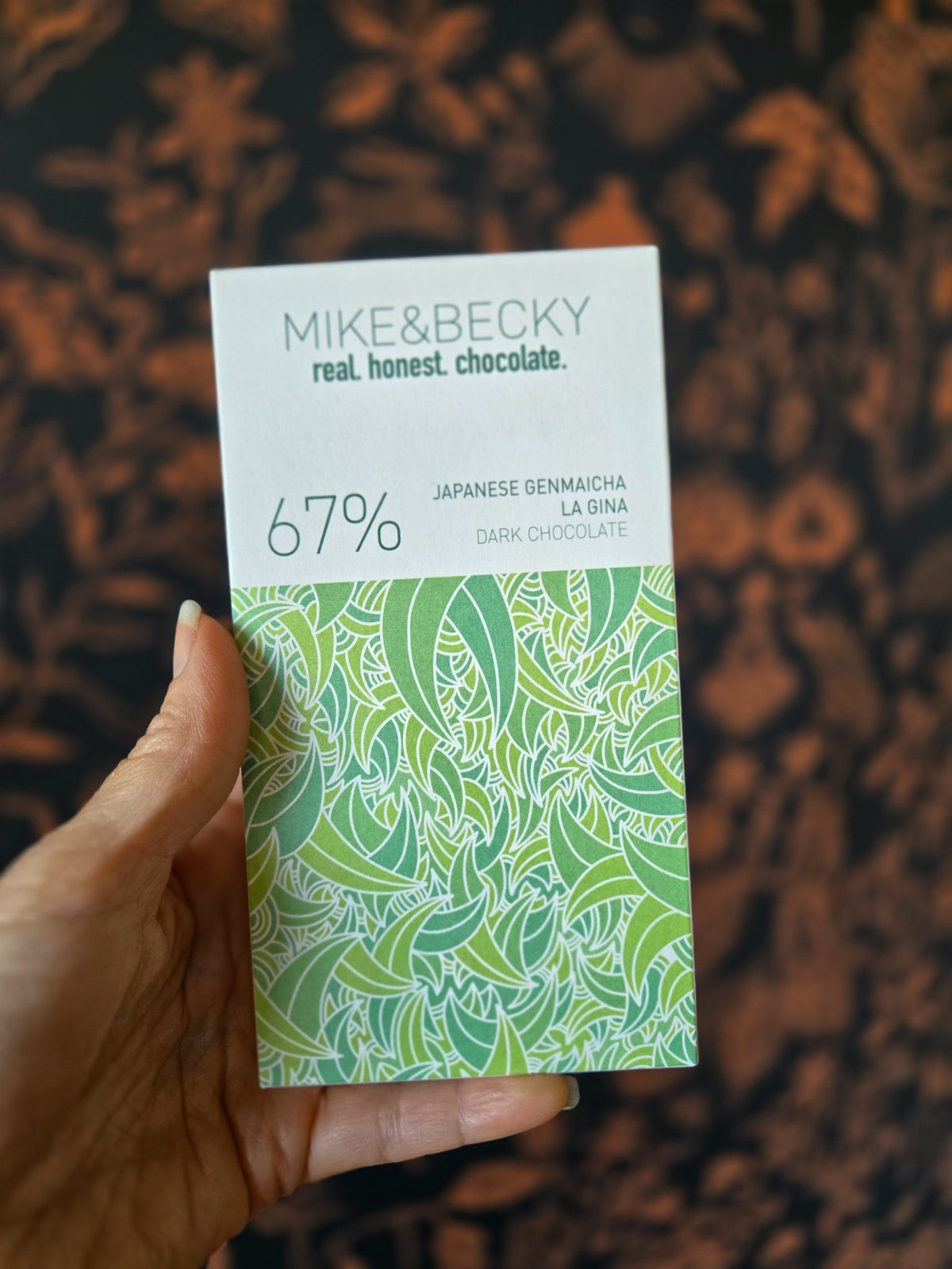 Mike & Becky Japanese Genmaicha La Gina 67% full-size dark chocolate bar photographed at Curate