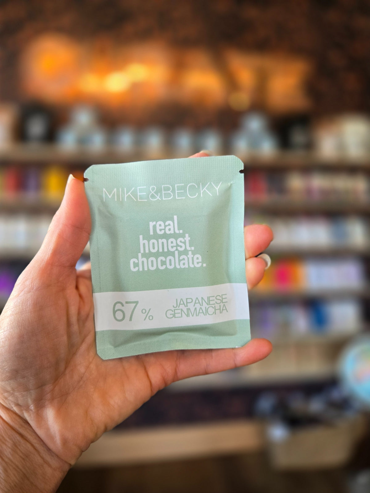 Mike & Becky Japanese Genmaicha 67% mini chocolate bar photographed at Curate