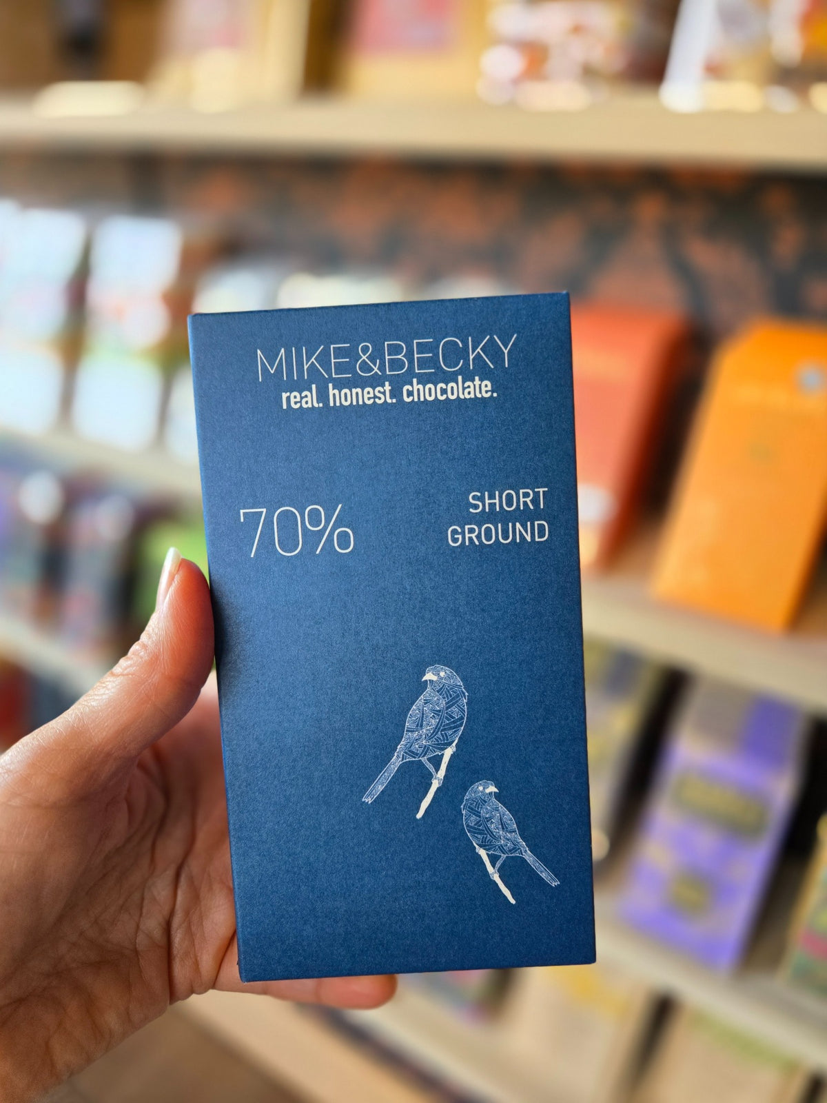 Mike & Becky Short Ground 70% full-size chocolate bar photographed at Curate