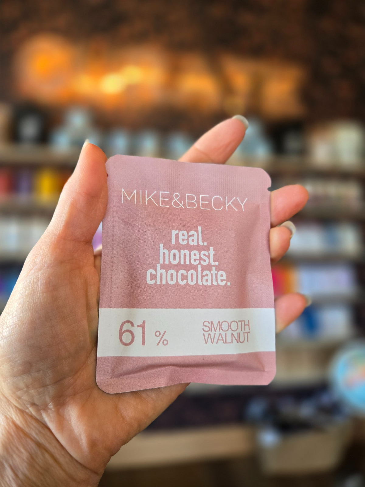 Mike & Becky Smooth Walnut 61% mini chocolate bar photographed at Curate