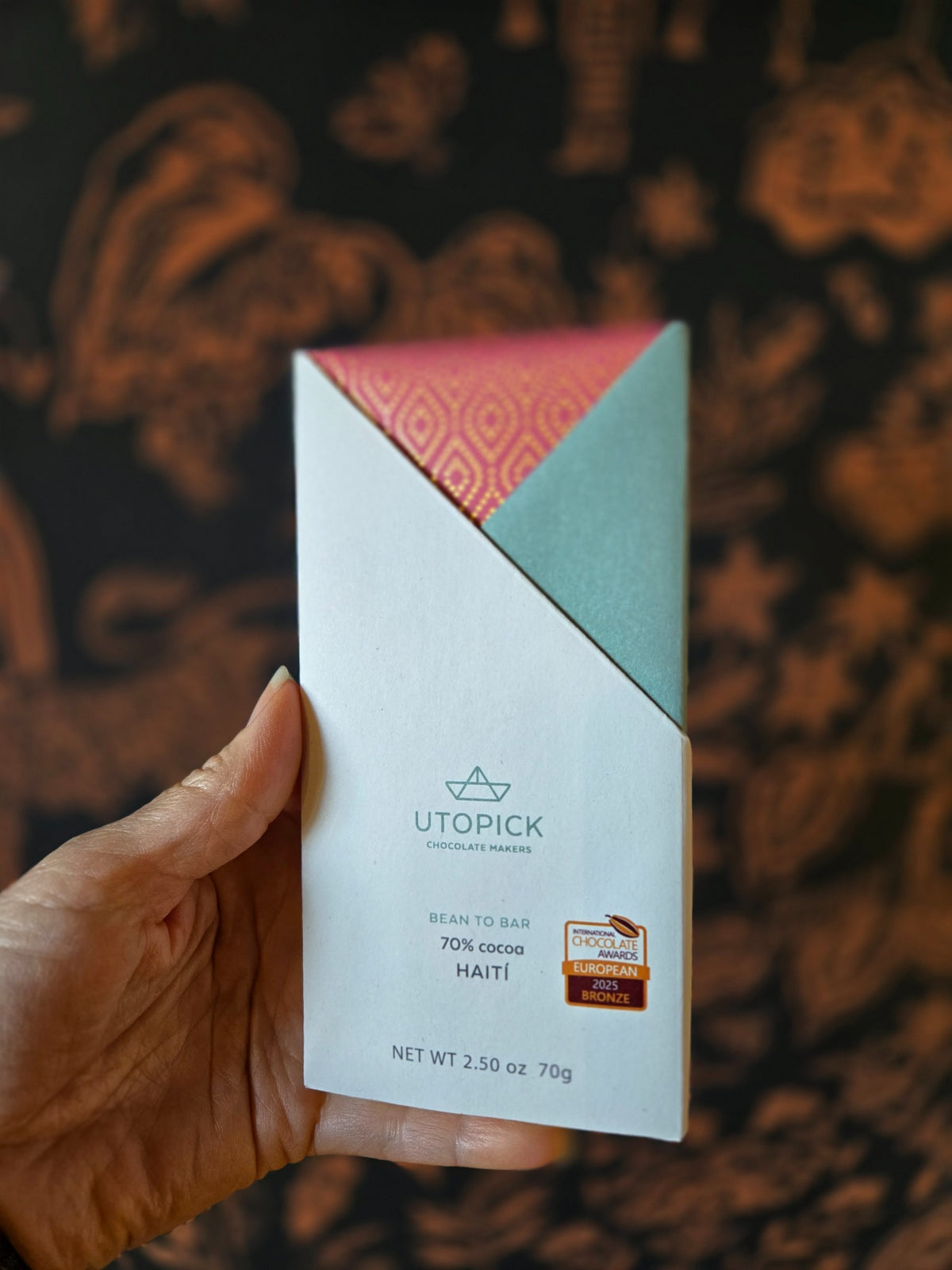 Utopick Haiti 70% dark chocolate bar, photographed at Curate