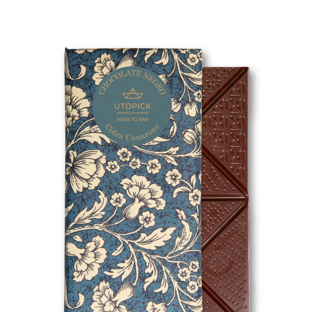 Utopick maker photograph of Candied Citron 70% dark chocolate with its blue floral wrapper
