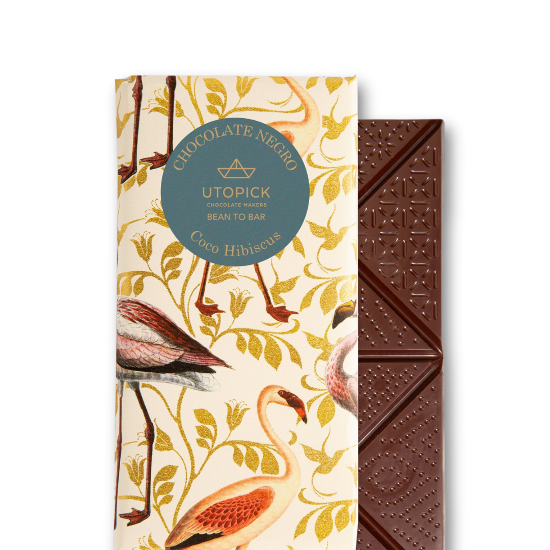 Utopick maker photograph of Coconut Hibiscus 70% dark chocolate with its flamingo wrapper